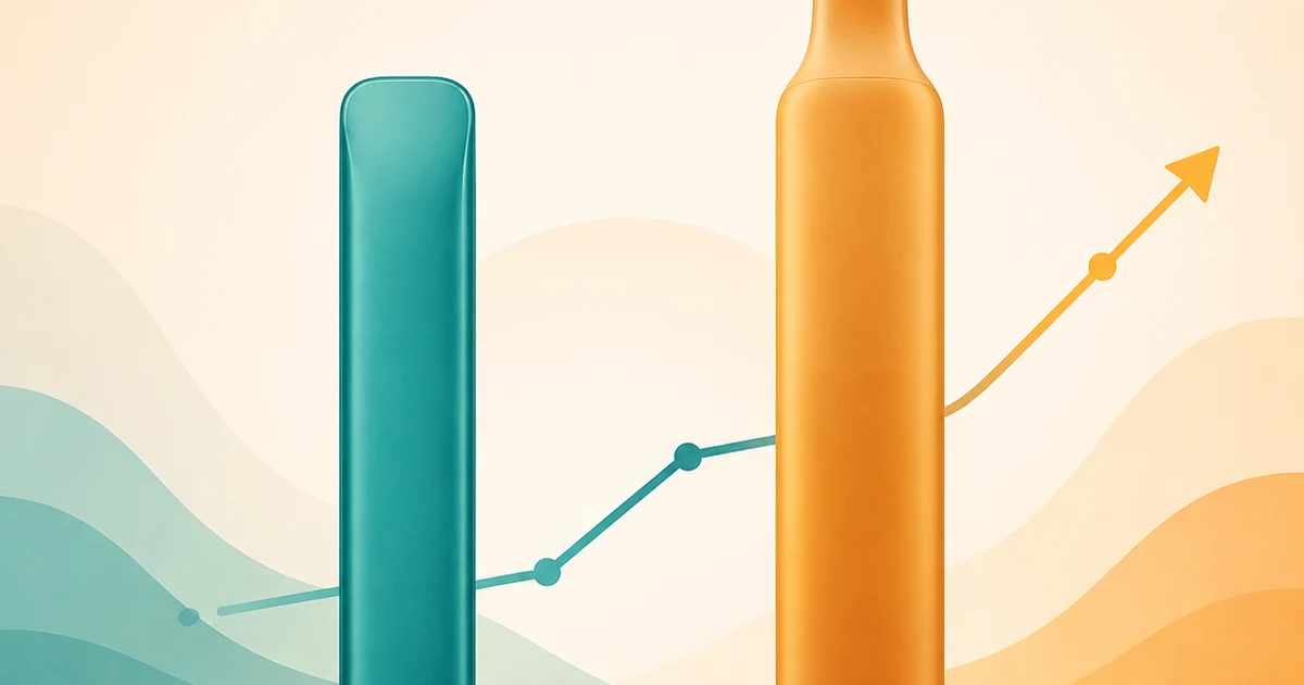 Two abstract disposable device silhouettes in teal and amber on a cream background, illustrating a side-by-side comparison